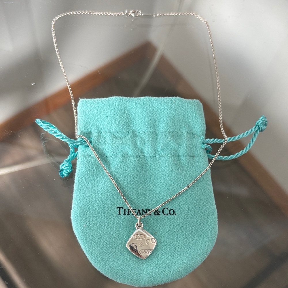 Tiffany & Co. Sterling Silver 1837 Square Pendant & Chain 16 inch chain